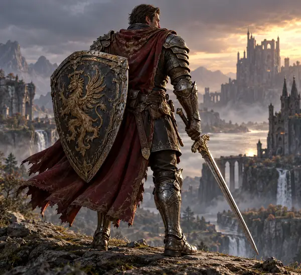 A stylized armored warrior figure carrying a large shield and detailed fantasy equipment.