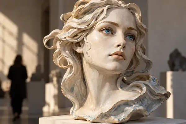 A sculptural ceramic face with flowing pale hair, bright blue eyes, and a soft editorial finish.