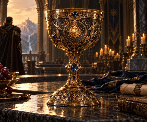 An ornate fantasy chalice with engraved symbols, jewel details, and warm golden highlights.