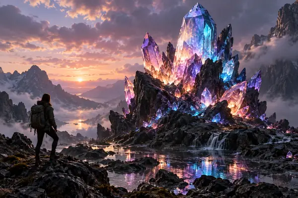 A fantastical crystal cluster emerging from dark rock with softly glowing colored facets.
