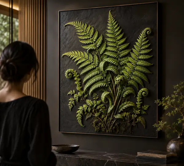 A delicate bright green fern sculpture arranged as a clean botanical relief on a dark background.