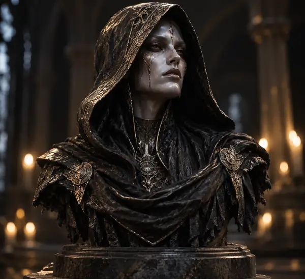 A mysterious hooded fantasy figure rendered as a detailed dark bust with pale metallic features.