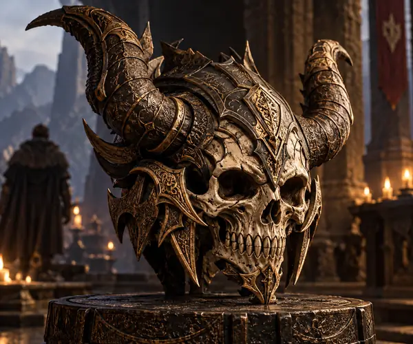 A horned fantasy skull ornament with layered armor, carved details, and a dramatic silhouette.