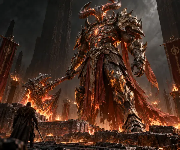 A towering infernal sentinel with layered armor, horns, and glowing accents on a dark stage.
