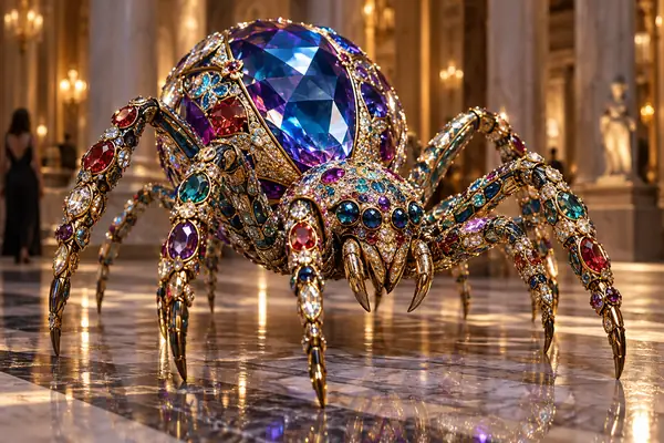A colorful jewel-encrusted spider sculpture with a large faceted gemstone body.