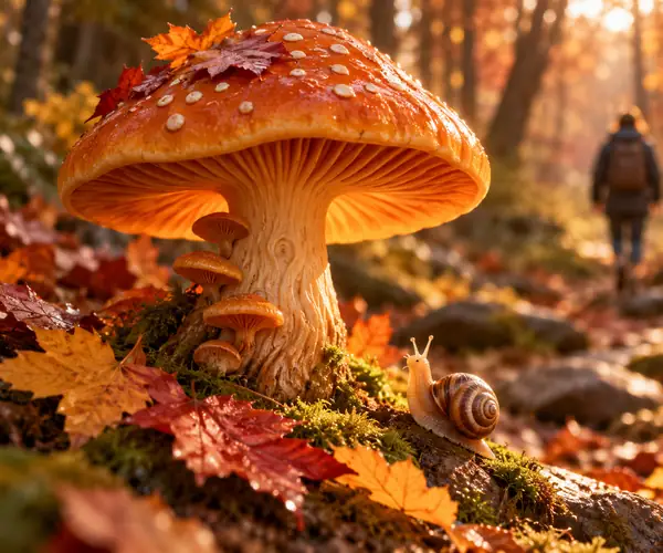 A warm orange mushroom sculpture with autumn leaves and a small snail beside it.