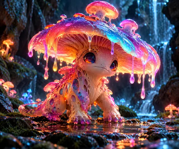 A neon mushroom creature with dripping colors and a playful sculptural silhouette.