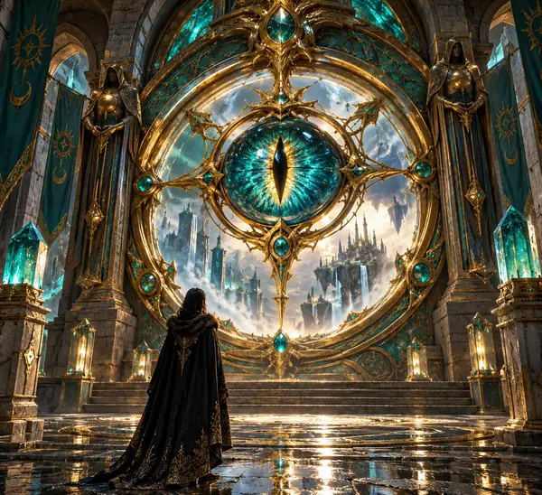 A framed fantasy portal with a large central eye and intricate teal and gold ornament.