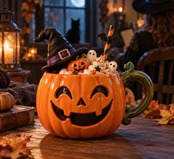 A whimsical orange pumpkin mug filled with a tiny witch hat and playful Halloween details.