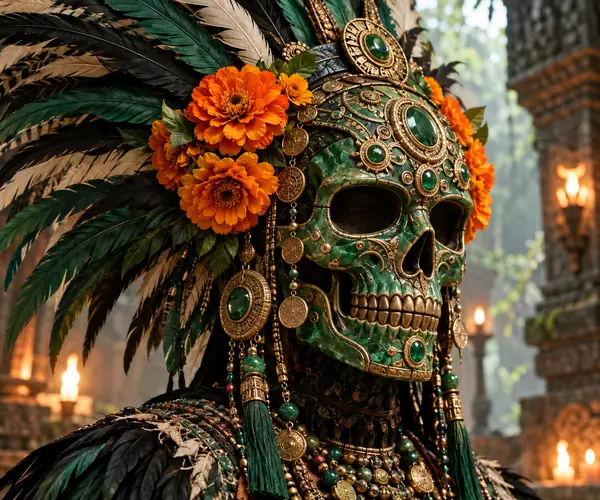A richly decorated green skull mask with feathers, jewelry, and orange flowers.