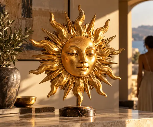 A golden sun mask sculpture with a serene face, layered rays, and a small pedestal.
