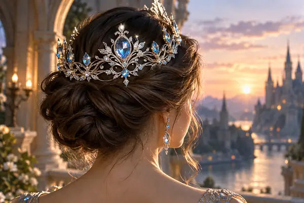 A delicate fantasy tiara with luminous gemstones and ornate silver filigree.